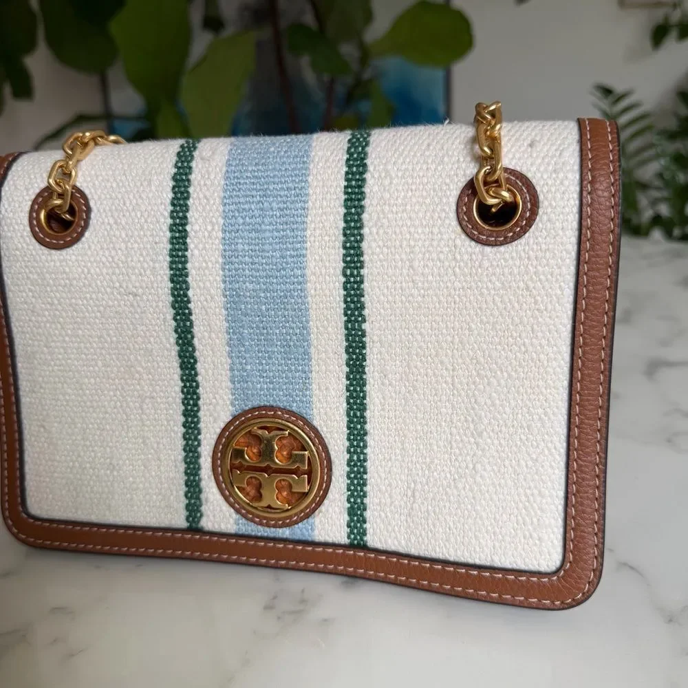 Tory Burch Carson Striped Convertible Shoulder Crossbody Bag Cream Linen Leather